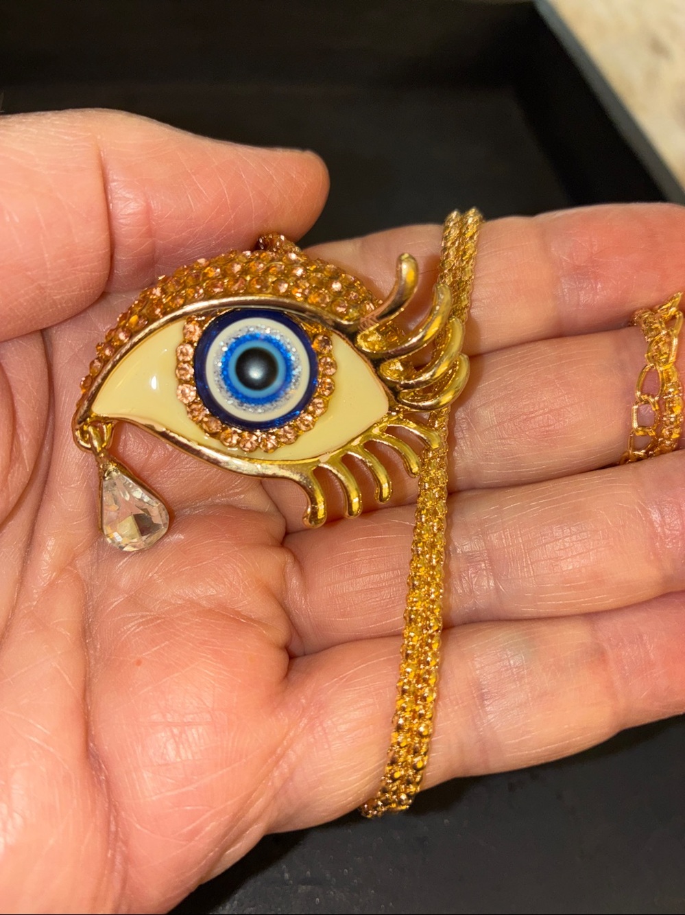 Gold Evil Eye Pendant Necklace/Brooch with Clear Teardrop Accent
